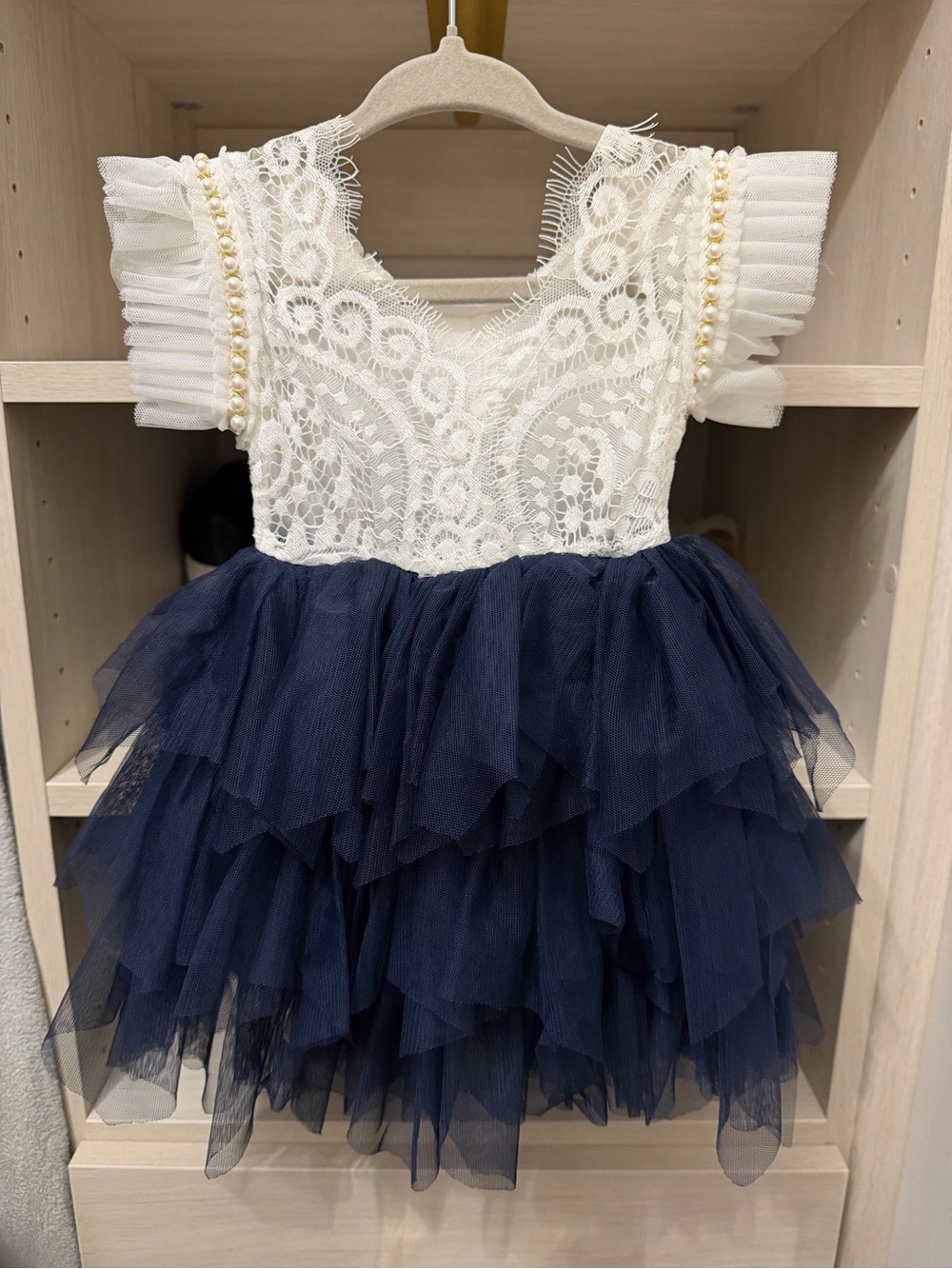 Girls Navy Tulle & White Lace Party Dress